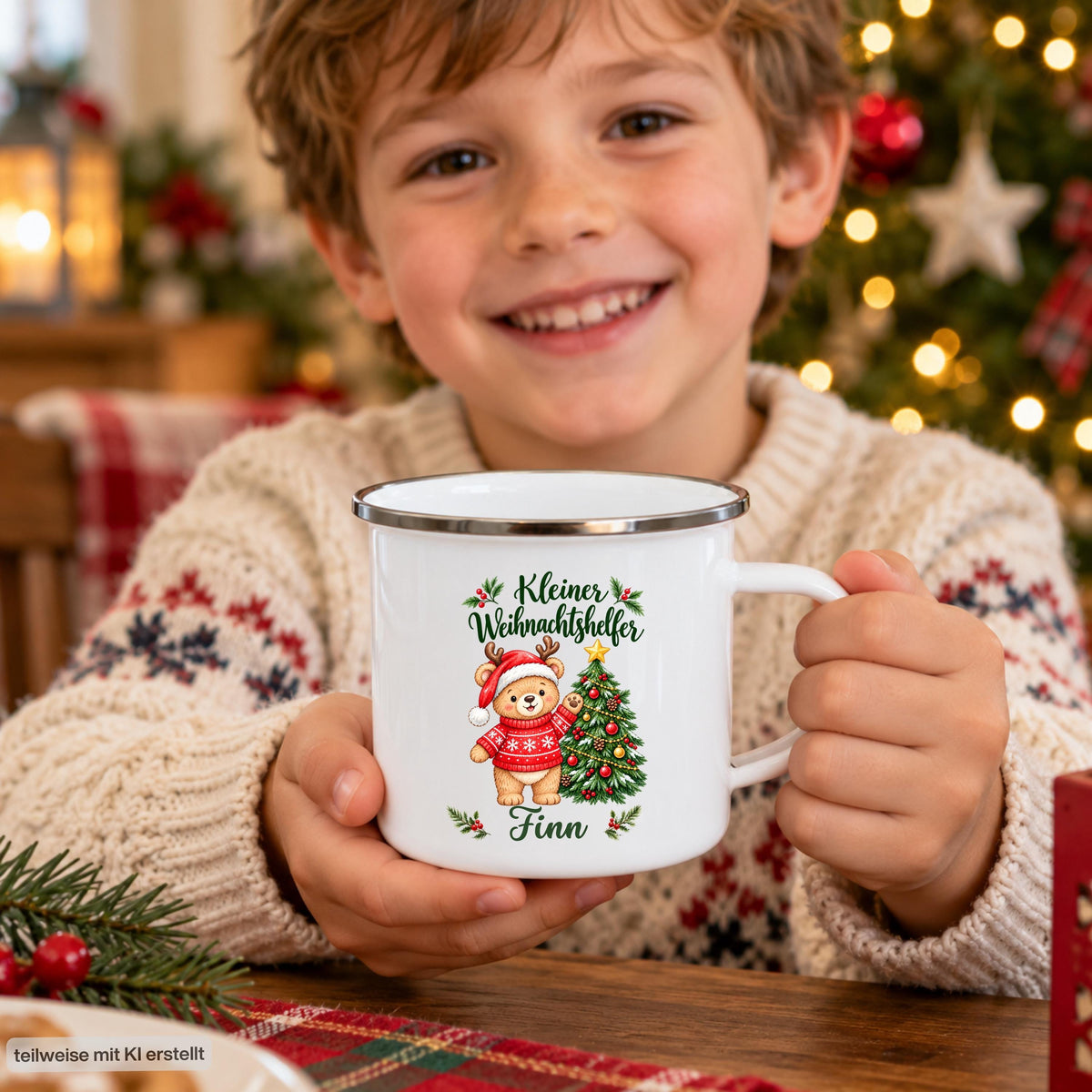 Personalisierte Weihnachtstasse für Kinder aus weißer Emaille mit silberfarbenem Rand und weißem Henkel. Die Kindertasse wird mit Wunschname und ausgewähltem Weihnachtsmotiv bedruckt. Ein persönlicher Kinderbecher als Weihnachtsgeschenk oder Nikolausgeschenk für Kinder, Enkelkinder und Patenkinder. Zur Auswahl stehen Hase, Pinguin, Eisbär, Bär, Rentiere und Igel. Geliefert wird eine Tasse im gewählten Design. Ein Junge hält seine Tasse mit Namen und Weihnachtsmotiv.