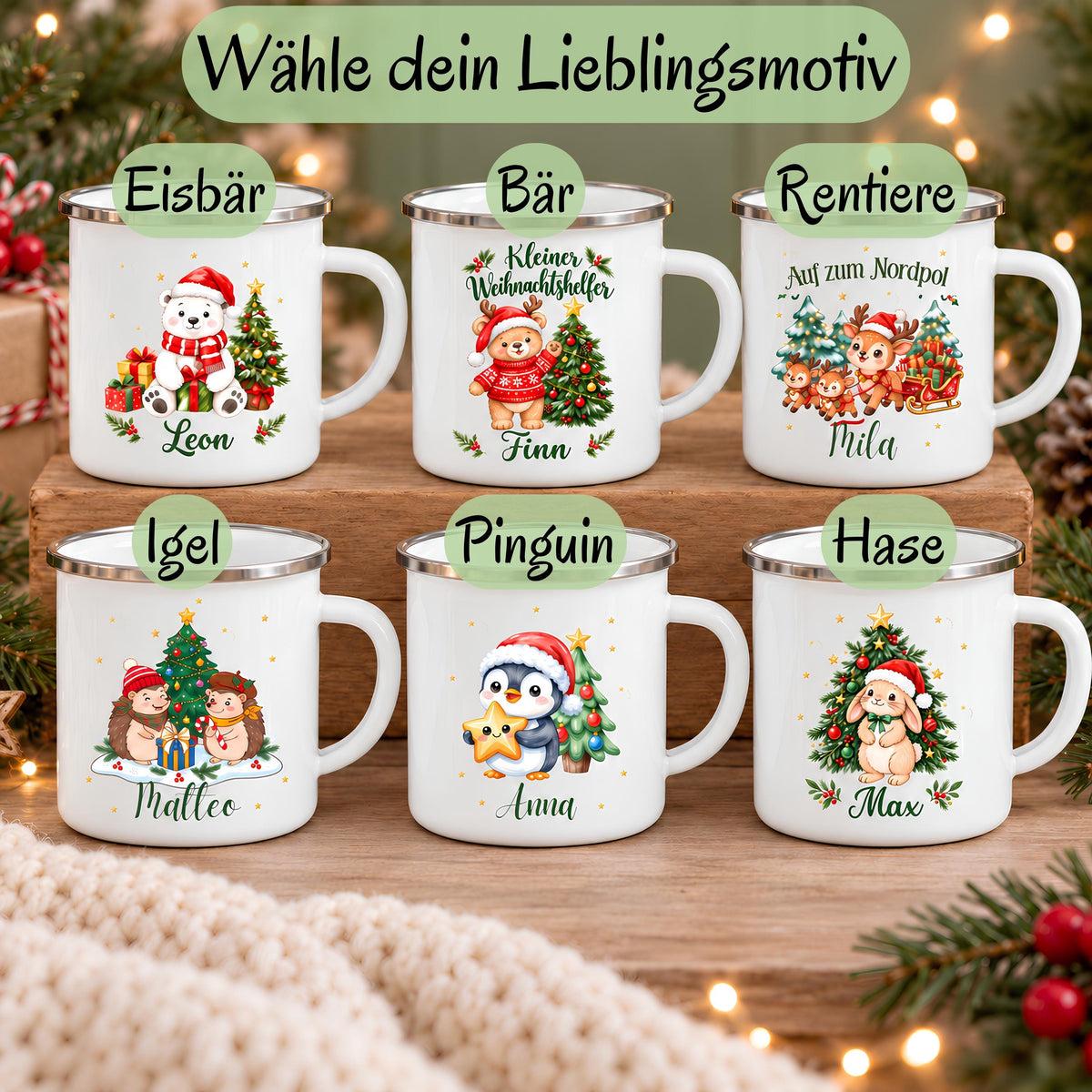 Personalisierte Weihnachtstasse für Kinder aus weißer Emaille mit silberfarbenem Rand und weißem Henkel. Die Kindertasse wird mit Wunschname und ausgewähltem Weihnachtsmotiv bedruckt. Ein persönlicher Kinderbecher als Weihnachtsgeschenk oder Nikolausgeschenk für Kinder, Enkelkinder und Patenkinder. Zur Auswahl stehen Hase, Pinguin, Eisbär, Bär, Rentiere und Igel. Geliefert wird eine Tasse im gewählten Design. Übersicht aller sechs Tiermotive als Auswahlhilfe; kein Tassenset.