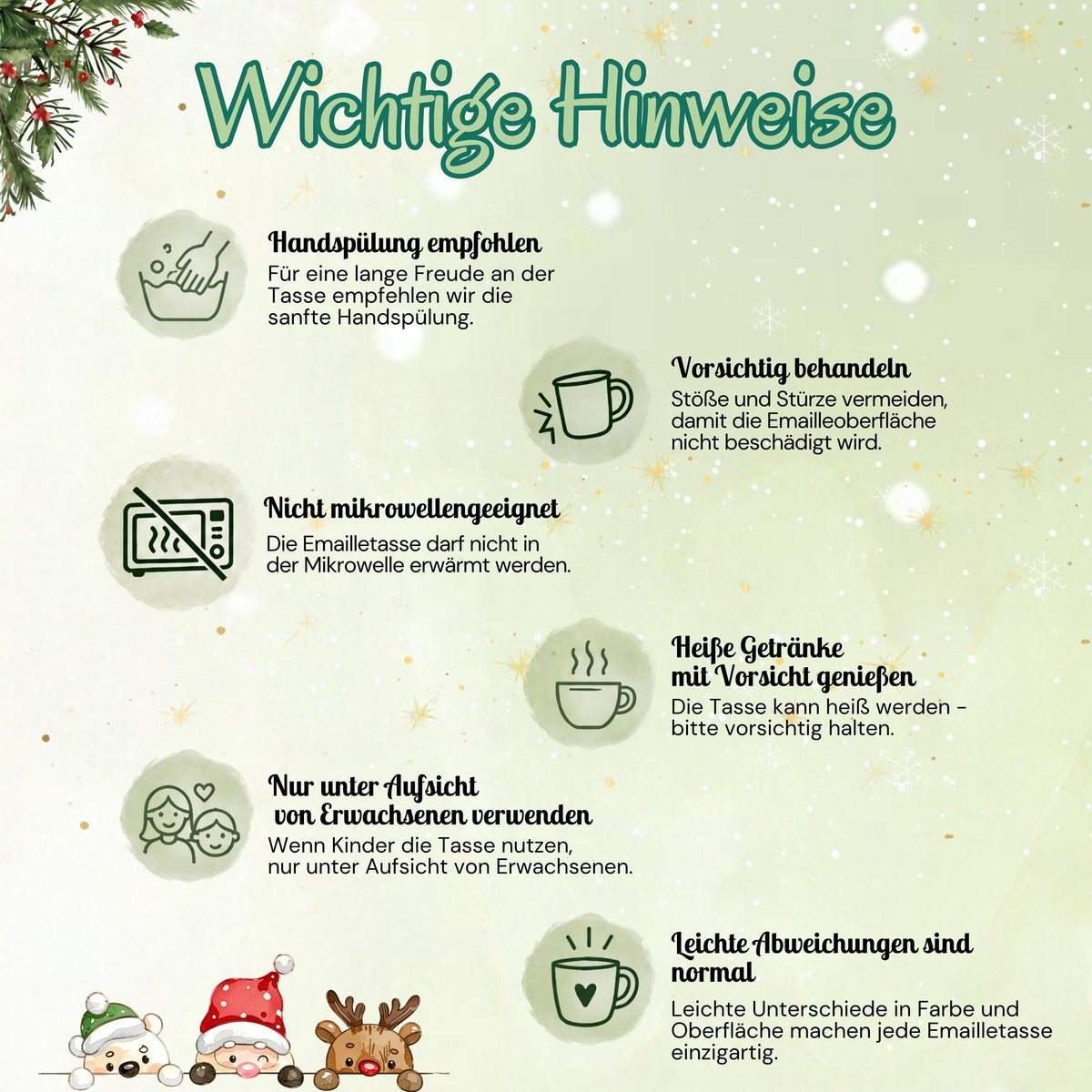 Personalisierte Weihnachtstasse für Kinder aus weißer Emaille mit silberfarbenem Rand und weißem Henkel. Das Motiv zeigt einen braunen Weihnachtsbären mit roter Weihnachtsmütze, rot-weiß gestreiftem Schal und einem grünen Tannenbaum im Arm. Unter dem Bären steht ein Beispielname; die Kindertasse wird mit Wunschname bedruckt. Weihnachtsbecher für Bärenfans und eine Geschenkidee zu Weihnachten oder Nikolaus für Kinder, Enkelkinder und Patenkinder. Hinweise zu Pflege und sicherer Verwendung.