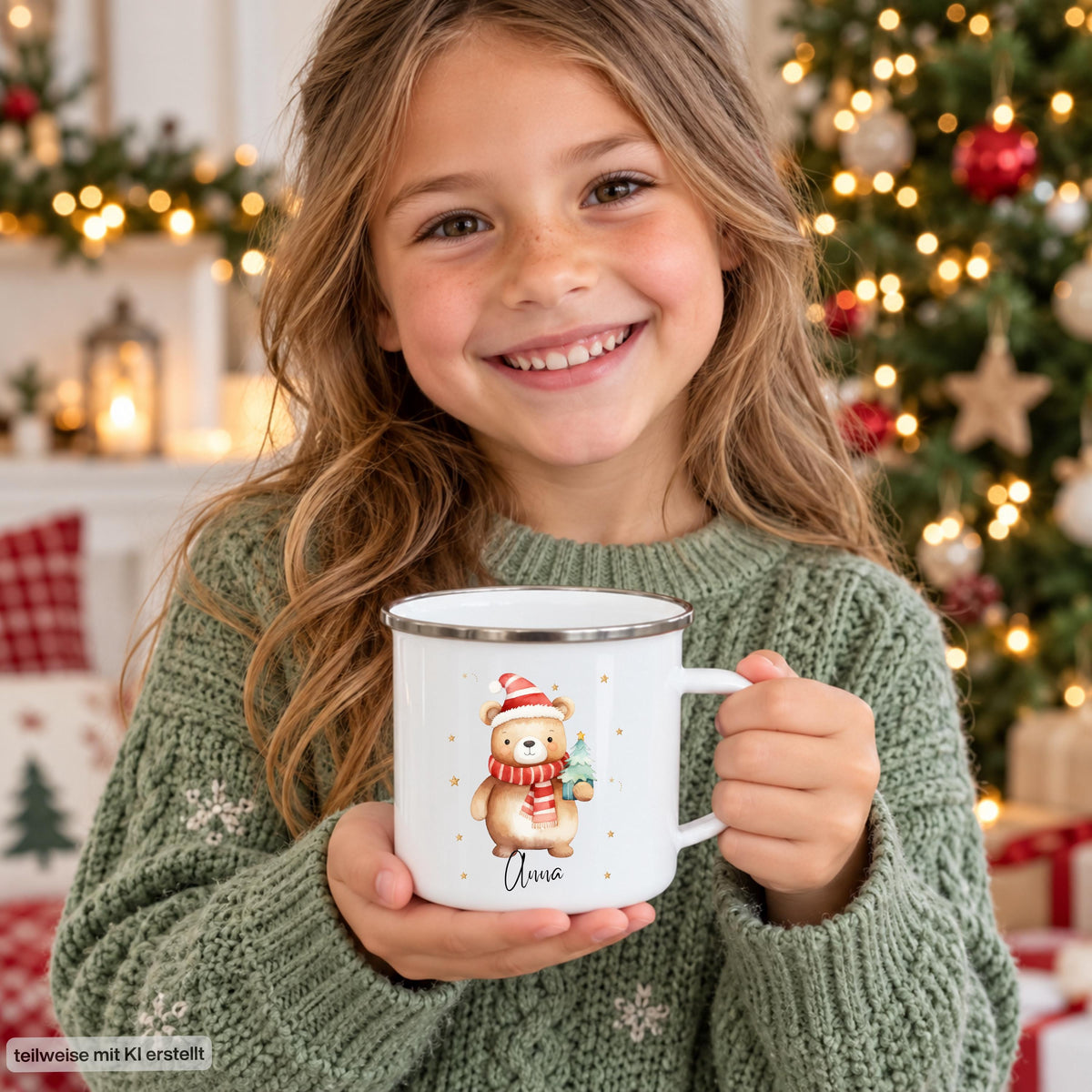 Personalisierte Weihnachtstasse für Kinder aus weißer Emaille mit silberfarbenem Rand und weißem Henkel. Das Motiv zeigt einen braunen Weihnachtsbären mit roter Weihnachtsmütze, rot-weiß gestreiftem Schal und einem grünen Tannenbaum im Arm. Unter dem Bären steht ein Beispielname; die Kindertasse wird mit Wunschname bedruckt. Weihnachtsbecher für Bärenfans und eine Geschenkidee zu Weihnachten oder Nikolaus für Kinder, Enkelkinder und Patenkinder. Ein Mädchen hält seinen Weihnachtsbecher.