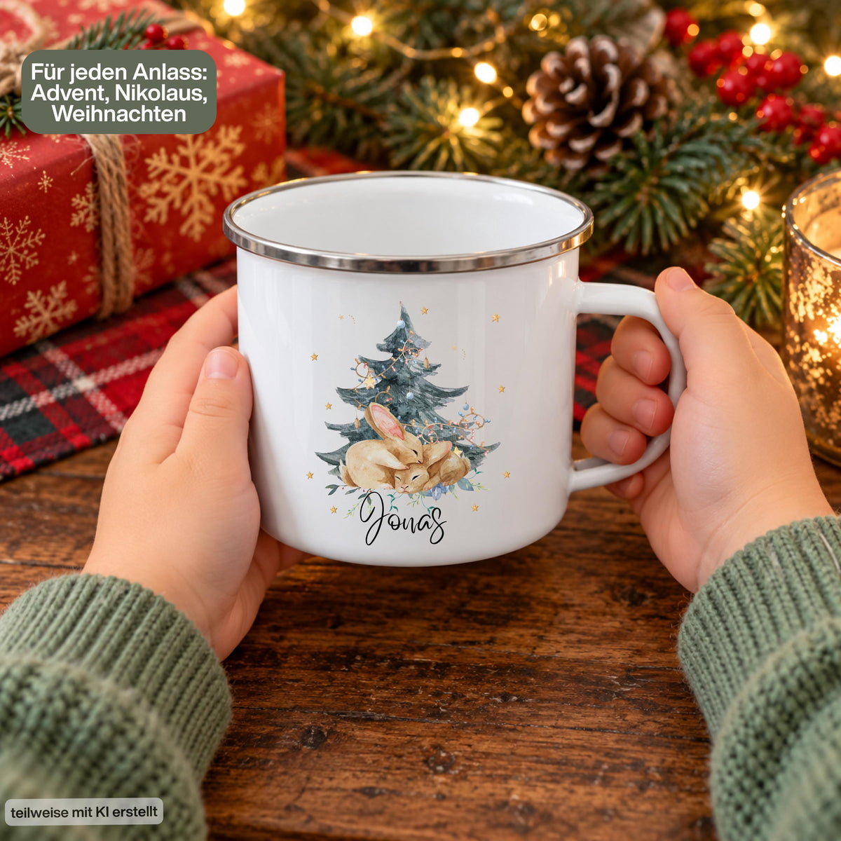 Personalisierte Weihnachtstasse für Kinder aus weißer Emaille mit silberfarbenem Rand und weißem Henkel. Das Hasenmotiv zeigt zwei braune Hasen unter einem geschmückten Weihnachtsbaum. Unter der winterlichen Illustration steht ein Beispielname; die Kindertasse wird mit Wunschname bedruckt. Persönlicher Weihnachtsbecher für kleine Hasenfans und eine Geschenkidee zu Weihnachten oder Nikolaus für Kinder, Enkelkinder und Patenkinder. Die Tasse wird mit beiden Händen gehalten.