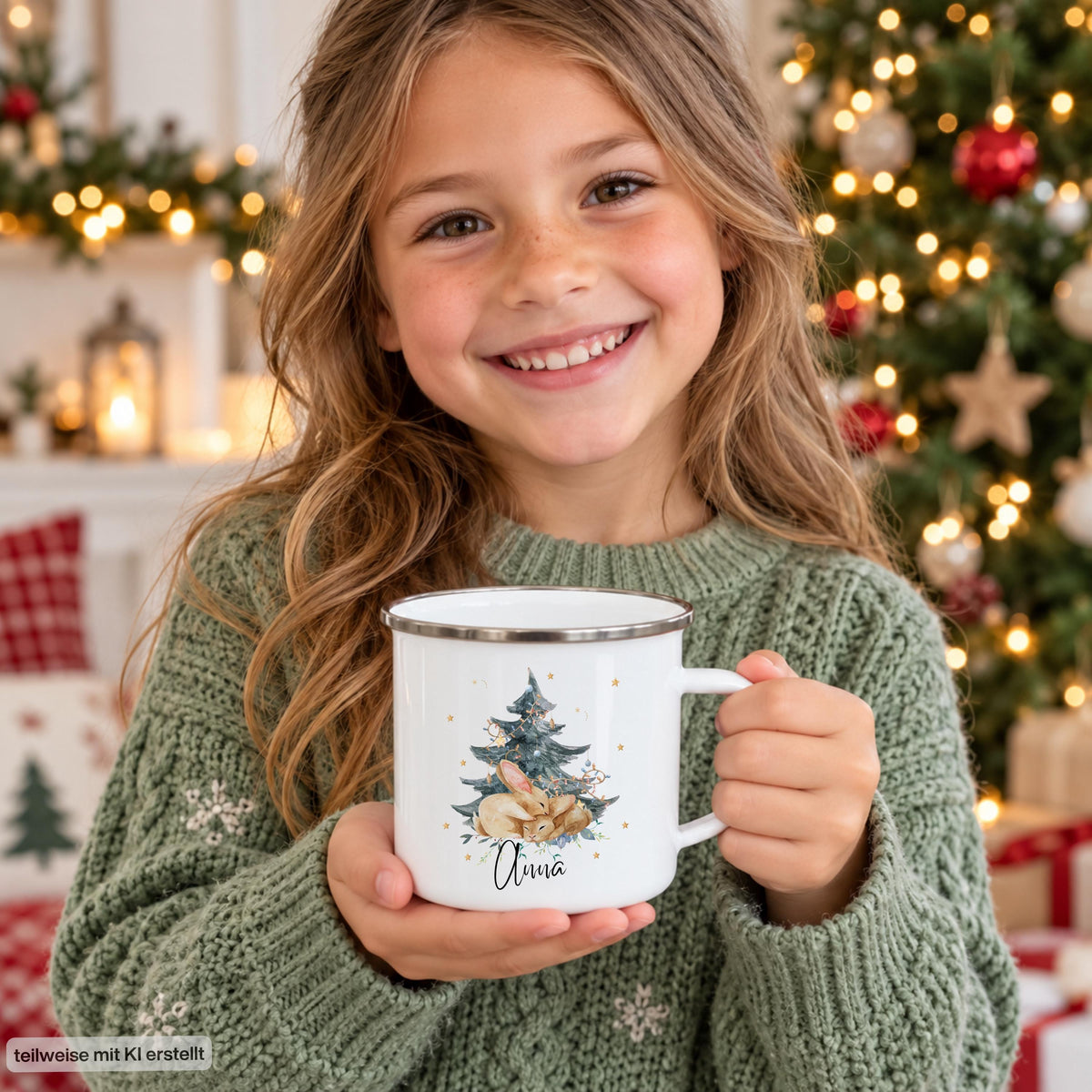 Personalisierte Weihnachtstasse für Kinder aus weißer Emaille mit silberfarbenem Rand und weißem Henkel. Das Hasenmotiv zeigt zwei braune Hasen unter einem geschmückten Weihnachtsbaum. Unter der winterlichen Illustration steht ein Beispielname; die Kindertasse wird mit Wunschname bedruckt. Persönlicher Weihnachtsbecher für kleine Hasenfans und eine Geschenkidee zu Weihnachten oder Nikolaus für Kinder, Enkelkinder und Patenkinder. Ein Mädchen hält seinen Weihnachtsbecher.