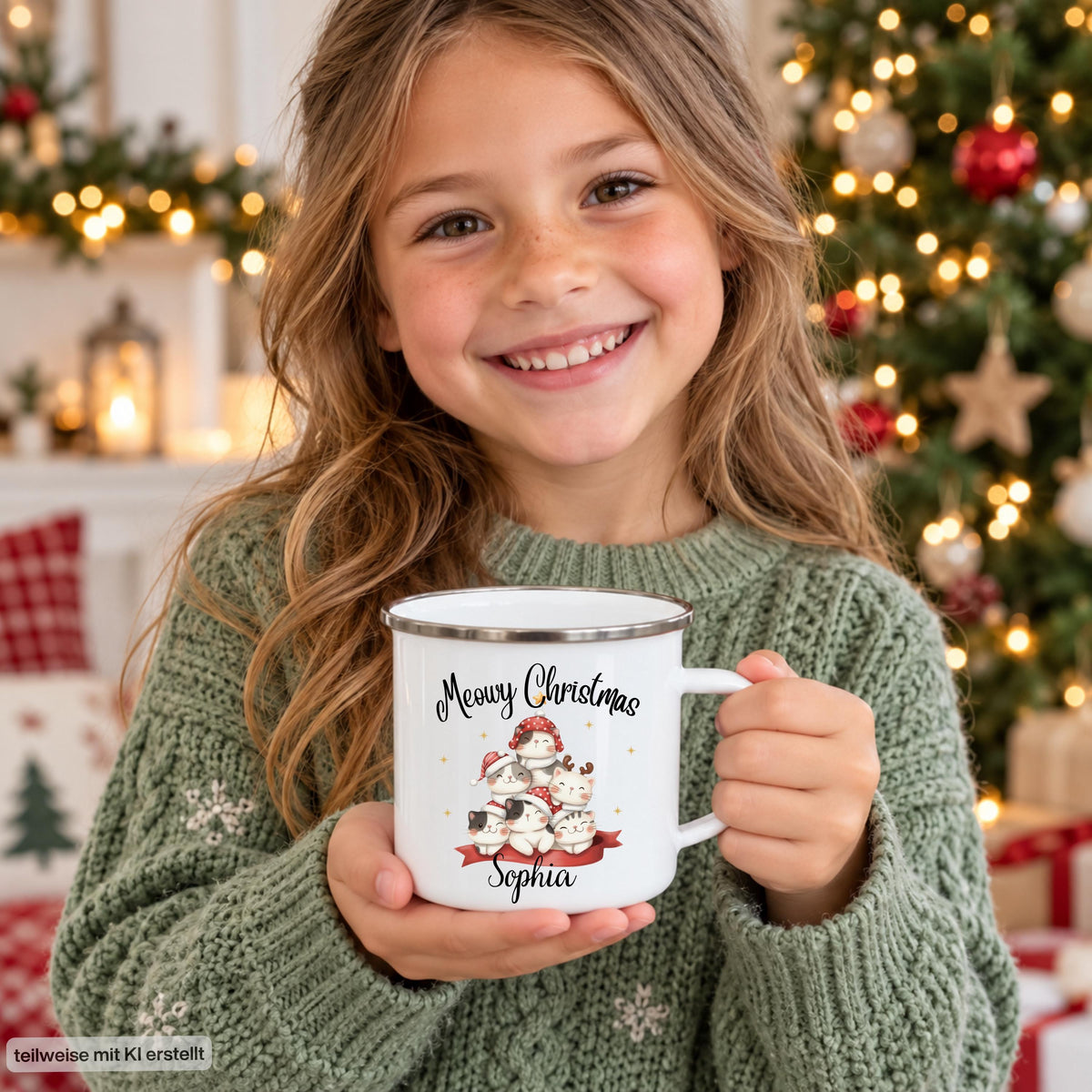 Personalisierte Weihnachtstasse für Kinder aus weißer Emaille mit silberfarbenem Rand und weißem Henkel. Sechs Katzen mit verschiedenen Fellfarben und Weihnachtsaccessoires bilden das Motiv unter dem Schriftzug „Meowy Christmas“. Darunter steht ein Beispielname; die Kindertasse wird mit Wunschname bedruckt. Persönlicher Weihnachtsbecher für Katzenfans und eine Geschenkidee zu Weihnachten oder Nikolaus für Kinder, Enkelkinder und Patenkinder. Ein Mädchen hält den Weihnachtsbecher.