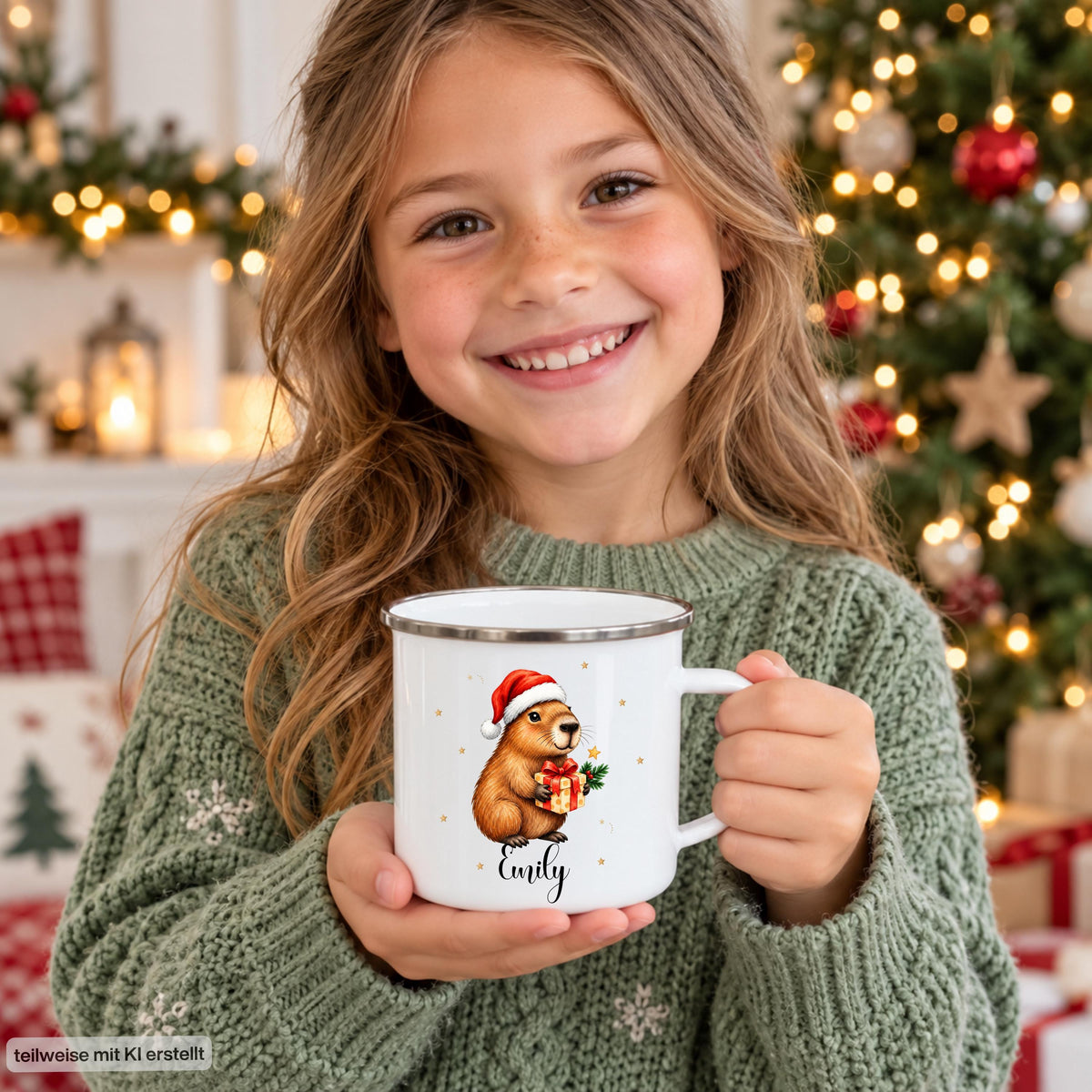 Personalisierte Weihnachtstasse für Kinder aus weißer Emaille mit silberfarbenem Rand und weißem Henkel. Das Weihnachtsmotiv zeigt ein Capybara mit roter Weihnachtsmütze und einem Geschenk mit roter Schleife. Unter dem Tiermotiv steht ein Beispielname; die Kindertasse wird mit Wunschname bedruckt. Persönlicher Weihnachtsbecher für Capybara-Fans und eine Geschenkidee zu Weihnachten oder Nikolaus für Kinder, Enkelkinder und Patenkinder. Ein Mädchen hält seinen Weihnachtsbecher.