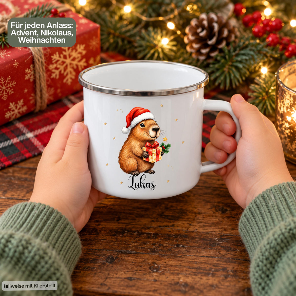 Personalisierte Weihnachtstasse für Kinder aus weißer Emaille mit silberfarbenem Rand und weißem Henkel. Das Weihnachtsmotiv zeigt ein Capybara mit roter Weihnachtsmütze und einem Geschenk mit roter Schleife. Unter dem Tiermotiv steht ein Beispielname; die Kindertasse wird mit Wunschname bedruckt. Persönlicher Weihnachtsbecher für Capybara-Fans und eine Geschenkidee zu Weihnachten oder Nikolaus für Kinder, Enkelkinder und Patenkinder. Die Tasse wird mit beiden Händen gehalten.