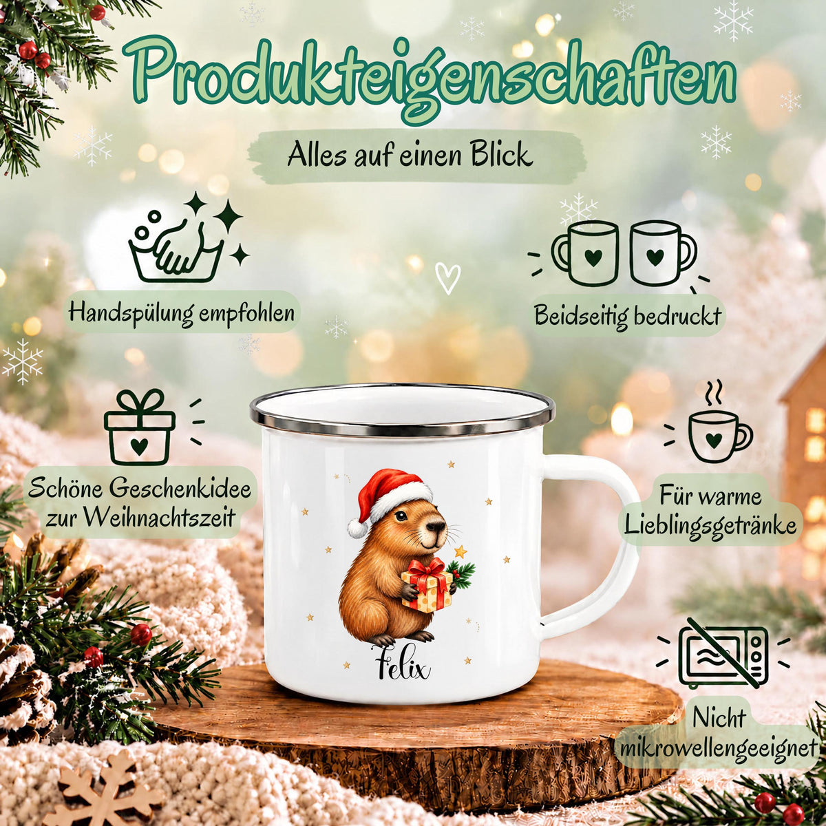 Personalisierte Weihnachtstasse für Kinder aus weißer Emaille mit silberfarbenem Rand und weißem Henkel. Das Weihnachtsmotiv zeigt ein Capybara mit roter Weihnachtsmütze und einem Geschenk mit roter Schleife. Unter dem Tiermotiv steht ein Beispielname; die Kindertasse wird mit Wunschname bedruckt. Persönlicher Weihnachtsbecher für Capybara-Fans und eine Geschenkidee zu Weihnachten oder Nikolaus für Kinder, Enkelkinder und Patenkinder. Infografik zu den Produkteigenschaften.