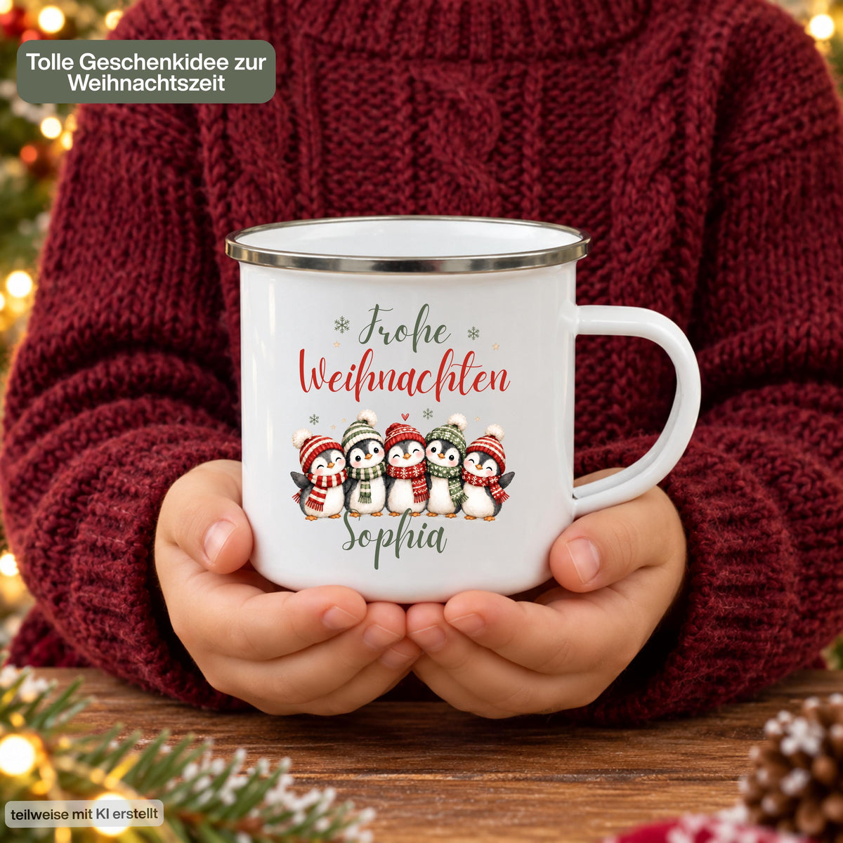 Personalisierte Weihnachtstasse für Kinder aus weißer Emaille mit silberfarbenem Rand und weißem Henkel. Fünf Pinguine mit roten und grünen Wintermützen und Schals stehen unter dem Schriftzug „Frohe Weihnachten“. Unter dem Pinguinmotiv steht der Beispielname Anna; bestellt wird die Kindertasse mit Wunschname. Ein persönlicher Weihnachtsbecher für Pinguinfans und eine Geschenkidee zu Weihnachten oder Nikolaus für Kinder, Enkelkinder und Patenkinder. Die Tasse wird mit beiden Händen gehalten.