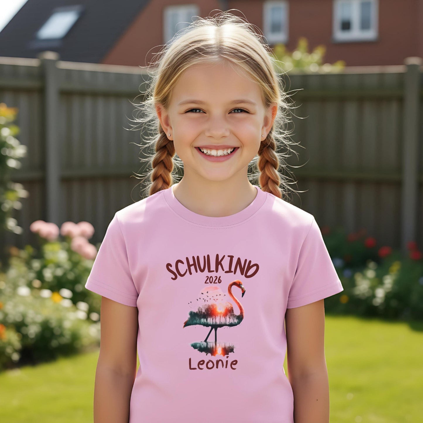 Personalisiertes Schulkind T-Shirt 2026 mit Flamingo-Motiv. Einschulungsshirt für Mädchen zum ersten Schultag, individuell mit Name bedruckt. Perfekt als Geschenk zur Einschulung 2026, für Schulanfang, Kita Abschied, Bye Bye Kindergarten oder als Schulkind Outfit für Erstklässler. Weiches Bio-Baumwollshirt, ideal für Einschulungsfeier oder als Überraschung in der Schultüte. Einschulungsgeschenk für Mädchen mit Stil und Herz. T-Shirt Schulkind Flamingo Einschulungsshirt T-Shirt Einschulung 2026