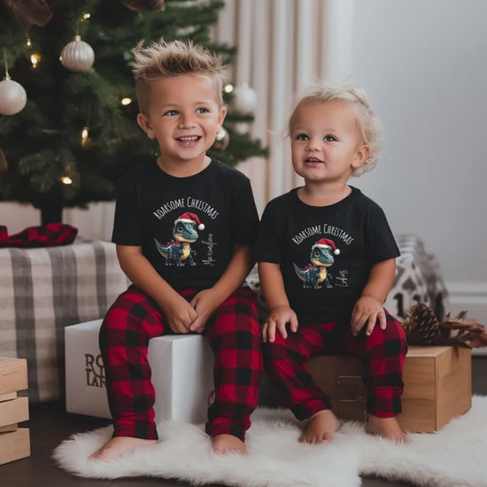 Dino Weihnachtspullover Kinder personalisiert | Weihnachtsoutfit Junge Mädchen | Kinder Weihnachtspulli mit Name Geschwister Outfit Geschenk