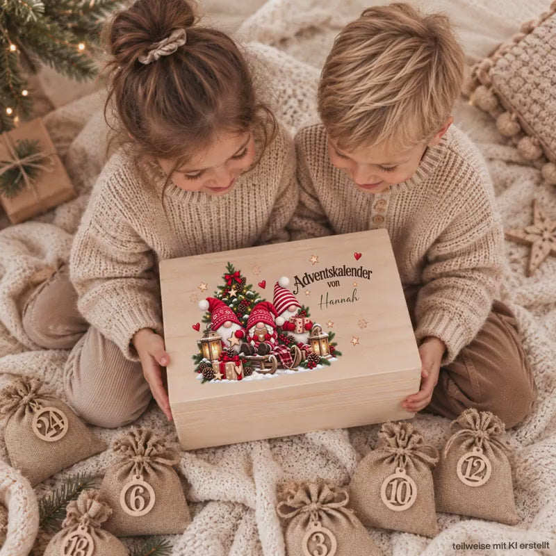 Adventskalender personalisiert mit Namen, Adventskalender zum Befüllen aus Holz, Adventskiste Kinder mit Beutel, Weihnachtskalender Wichtel