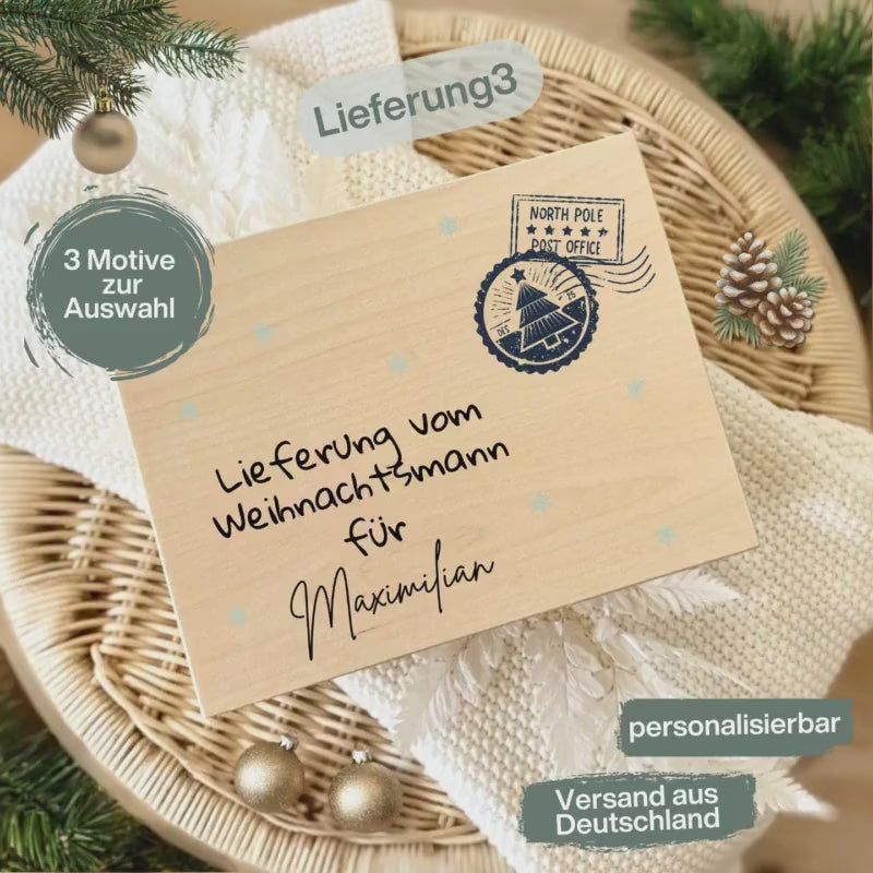 Lieferung vom Weihnachtsmann Holzbox personalisiert | Weihnachtskiste mit Namen | Geschenkbox Weihnachten | Adventskiste Holz ohne Inhalt
