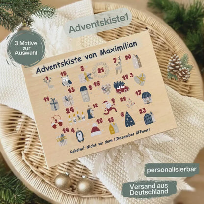 Adventskalender aus Holz personalisiert | DIY Adventskiste zum Befüllen | Weihnachtsbox mit Namen | Geschenkidee Weihnachten ohne Inhalt