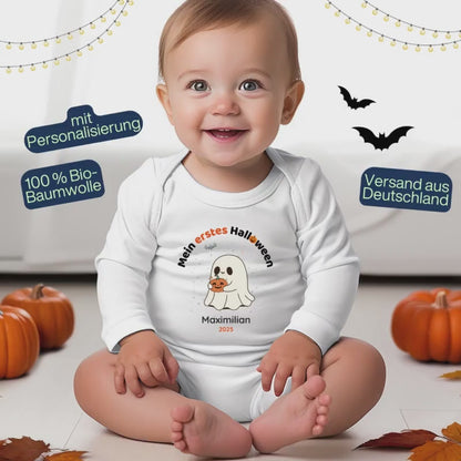 Babybody Mein erstes Halloween | Halloween Outfit Baby Langarm | Personalisierter Body mit Name | Geschenk Baby Mädchen Junge Halloween