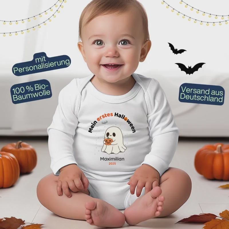 Babybody Mein erstes Halloween | Halloween Outfit Baby Langarm | Personalisierter Body mit Name | Geschenk Baby Mädchen Junge Halloween