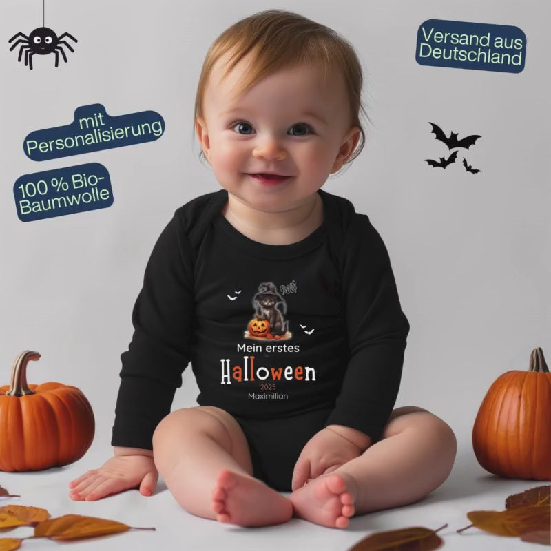 Halloween Babybody Personalisiert | Mein erstes Halloween Outfit | Geschenkidee Baby | Langarm Body Junge Mädchen | Kürbis Babybody Bio