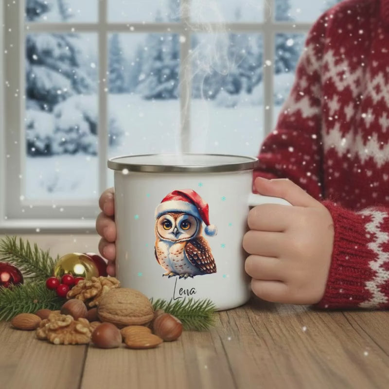 Kindertasse Weihnachten personalisiert | Emailletasse mit Eule und Namen | Weihnachtsgeschenk Tasse Emaille Junge Mädchen | Weihnachtstasse