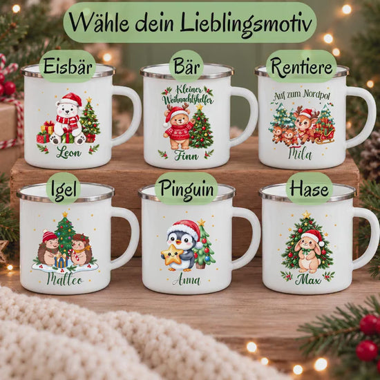 Weihnachtstasse Kinder mit Namen | Emaille-Tasse personalisiert | Hase, Pinguin, Eisbär, Bär, Rentiere & Igel | Nikolausgeschenk Kinder