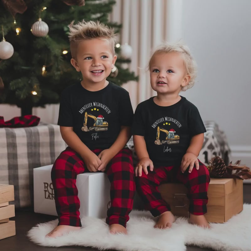 Weihnachtspullover Kinder personalisiert mit Bagger | Weihnachtsoutfit Kinder Geschwister | Weihnachtspulli Shirt Body | Pullover mit Namen