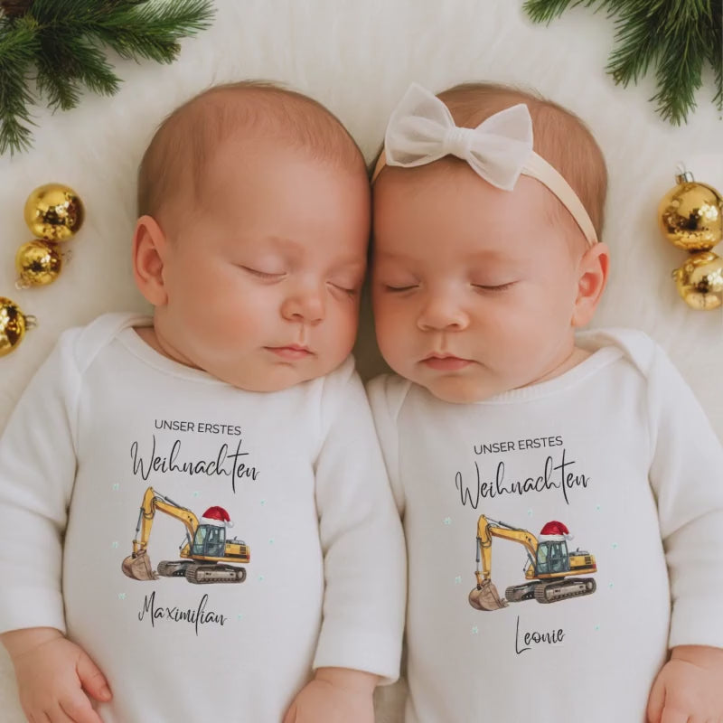 Weihnachtsbody Zwillinge Baby | Unser erstes Weihnachten Outfit Langarm Body Weihnachten | Babybody Zwillinge Geschenk personalisiert Bagger