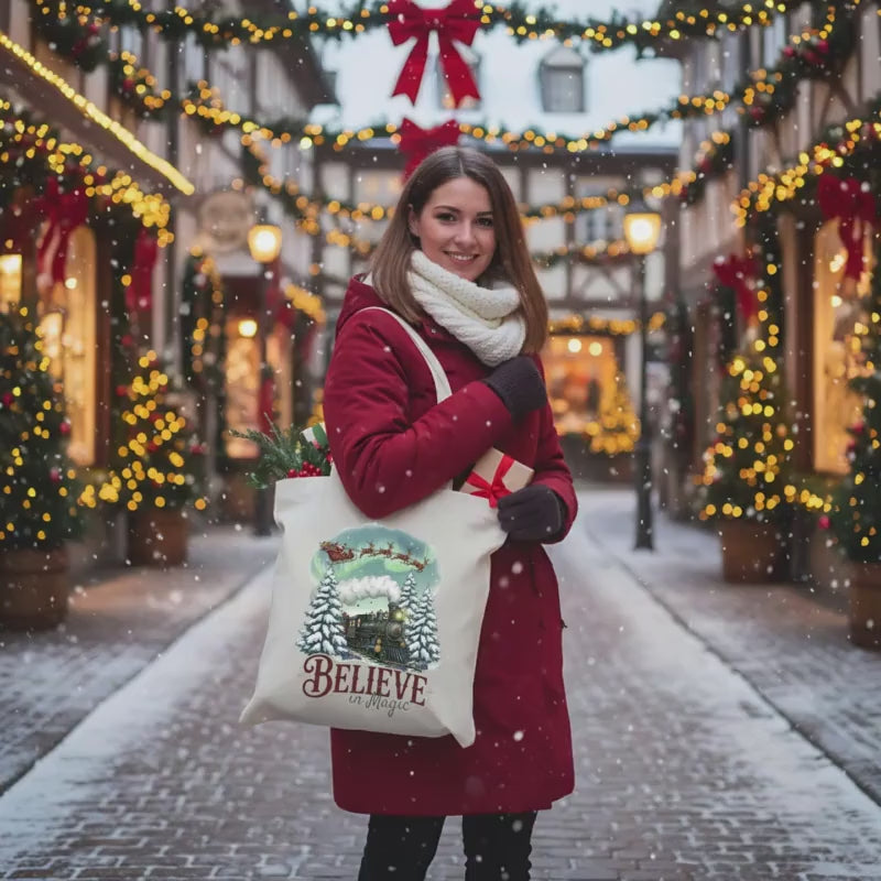 Stofftasche Weihnachten Believe in Magic | Jutebeutel Weihnachtsmotiv Zug | Einkaufstasche Weihnachten | Geschenktasche Winter Geschenkidee