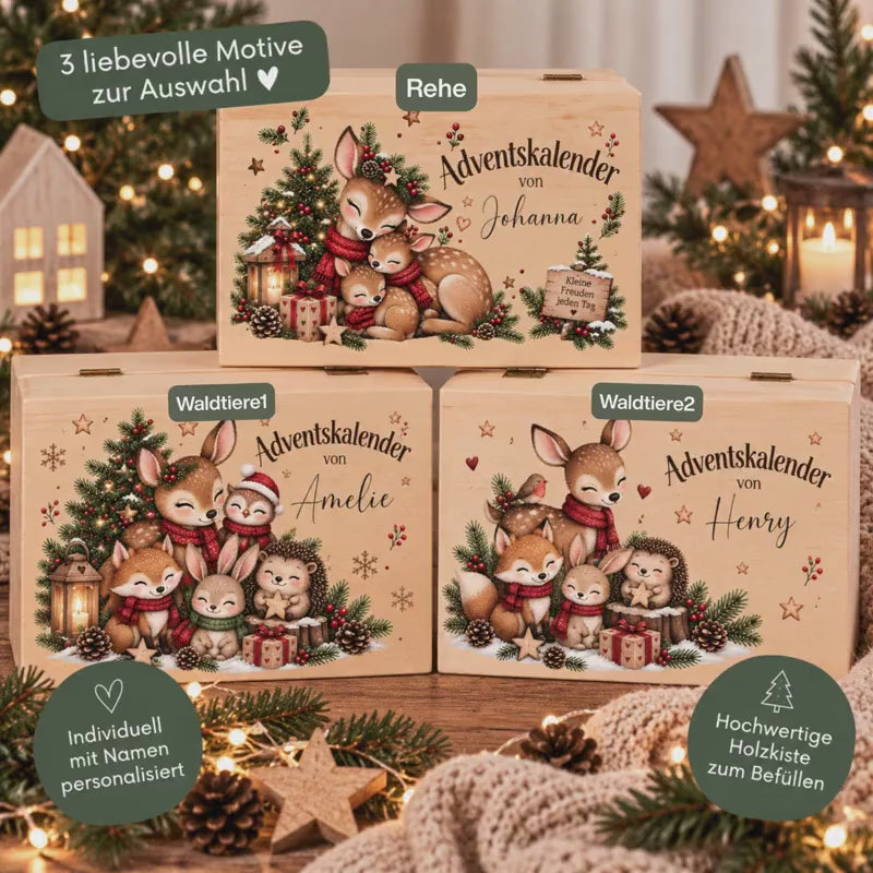 Adventskalender personalisiert mit Namen, Adventskalender zum Befüllen aus Holz, Adventskiste Kinder mit Beutel Weihnachtskalender Waldtiere