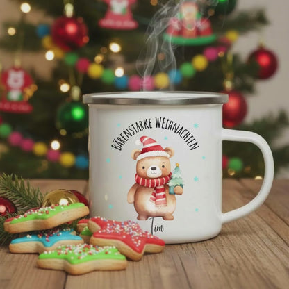 Kindertasse Weihnachten personalisiert | Emailletasse mit Bär und Namen | Weihnachtsgeschenk Tasse Emaille Junge Mädchen | Weihnachtstasse