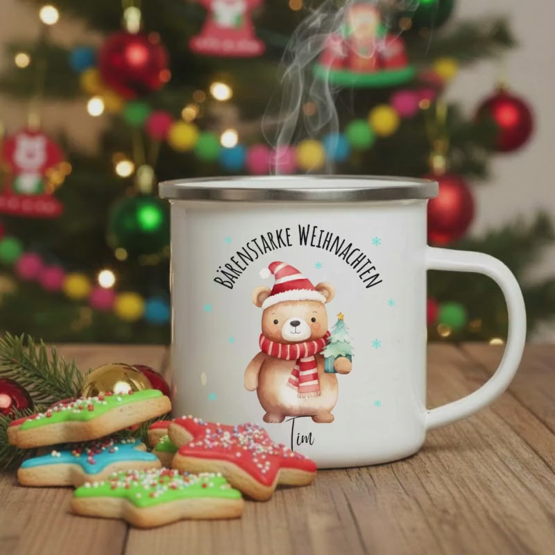 Kindertasse Weihnachten personalisiert | Emailletasse mit Bär und Namen | Weihnachtsgeschenk Tasse Emaille Junge Mädchen | Weihnachtstasse