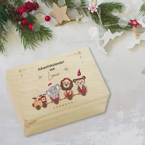 Adventskalender Kiste Holz personalisiert | Weihnachtskiste mit Namen | Geschenkidee Weihnachten | Adventsbox DIY ohne Inhalt mit Tierzug