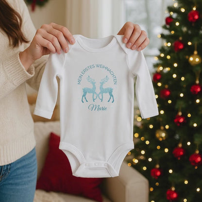 Mein erstes Weihnachten Babybody mit Rentier | Babybody personalisiert mit Namen | Weihnachtsgeschenk Baby Junge Mädchen 2026 Bio Baumwolle