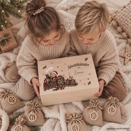 Adventskalender personalisiert mit Namen, Adventskalender zum Befüllen aus Holz, Adventskiste Kinder mit Beutel, Weihnachtskalender Zug
