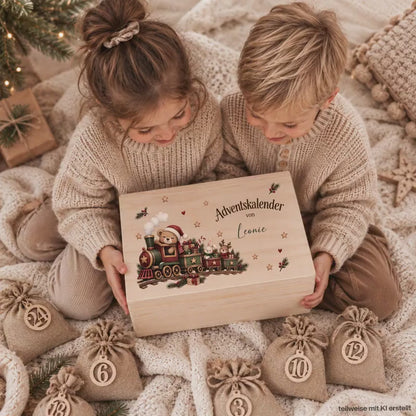 Adventskalender personalisiert mit Namen, Adventskalender zum Befüllen aus Holz, Adventskiste Kinder mit Beutel, Weihnachtskalender Zug