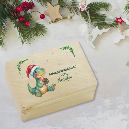 Adventskalender personalisiert Holz | Weihnachtsbox mit Namen | DIY Adventskiste ohne Inhalt | Geschenk Weihnachten Kinder Familie mit Dino