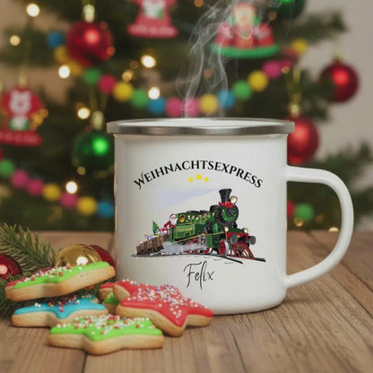 Kindertasse Weihnachten personalisiert | Emailletasse mit Zug und Namen | Weihnachtsgeschenk Kinder Winterbecher | Tasse Weihnachten Kind