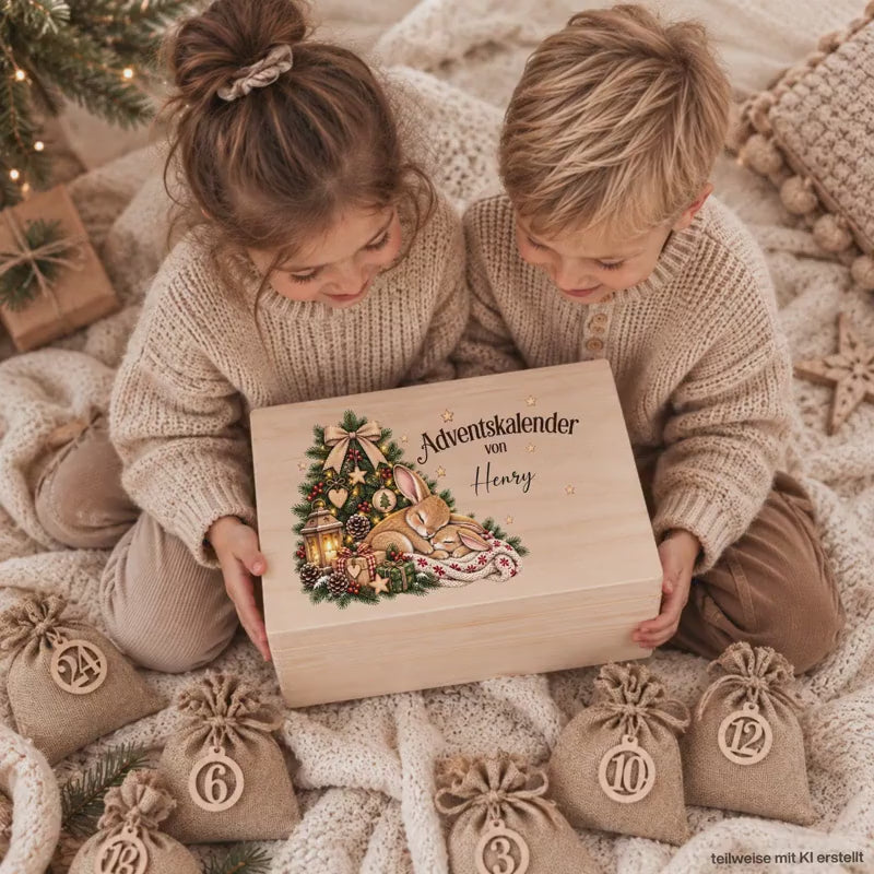 Adventskalender personalisiert mit Namen, Adventskalender zum Befüllen aus Holz, Adventskiste Kinder mit Beutel, Weihnachtskalender mit Hase
