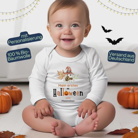 Halloween Babybody Personalisiert | Mein erstes Halloween Outfit | Geschenkidee Baby | Langarm Body Junge Mädchen | Geist Babybody Bio