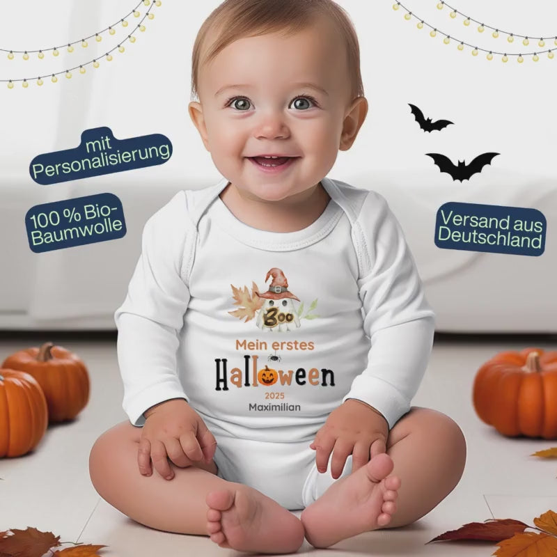 Halloween Babybody Personalisiert | Mein erstes Halloween Outfit | Geschenkidee Baby | Langarm Body Junge Mädchen | Geist Babybody Bio