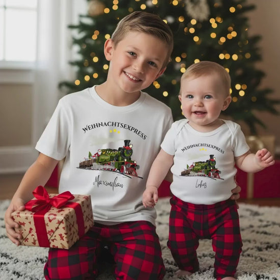 Weihnachtspullover Kinder mit Weihnachtszug – personalisiertes Weihnachtsoutfit mit Name | Babybody, Shirt & Geschwisterlook Weihnachten Zug