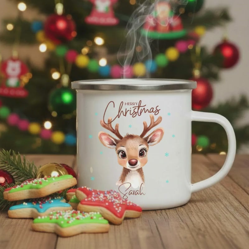 Kindertasse Weihnachten personalisiert | Emailletasse Reh mit Namen | Weihnachtsgeschenk Kinder Winterbecher | Tasse Weihnachten Kind