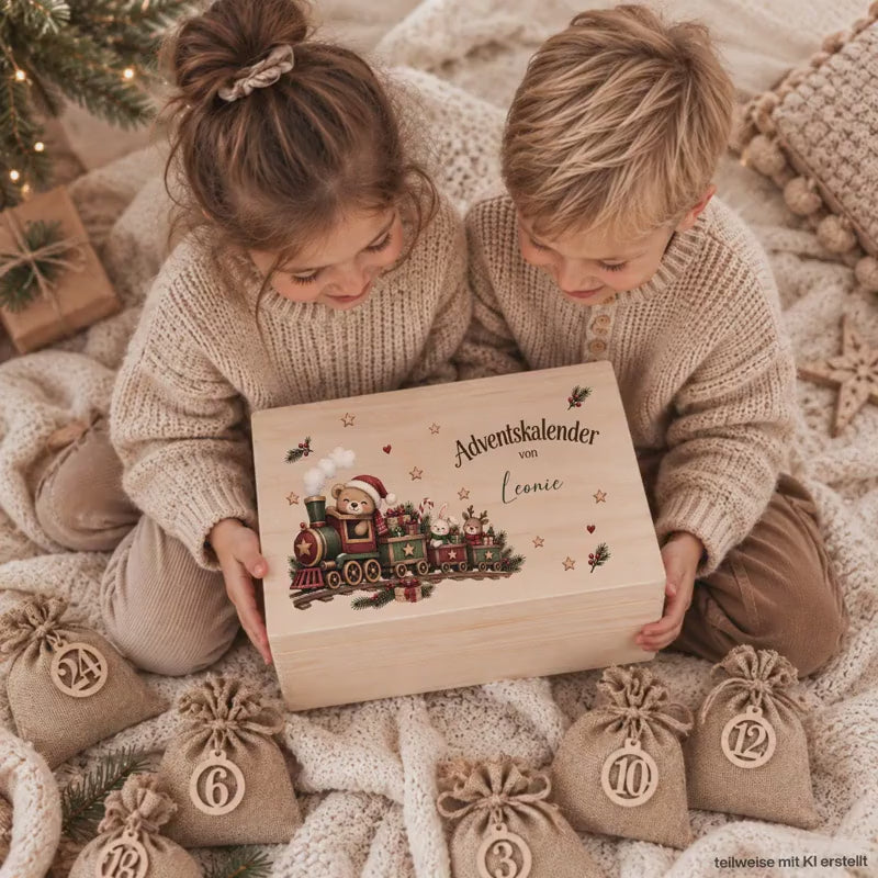 Adventskalender personalisiert mit Namen, Adventskalender zum Befüllen aus Holz, Adventskiste Kinder mit Beutel, Weihnachtskalender Bagger