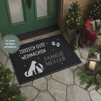 Personalisierte Weihnachtsfußmatte Haustiere | Tierisch gute Weihnachten Fußmatte mit Namen | Geschenk Familie Tiere | Türmatte Weihnachten