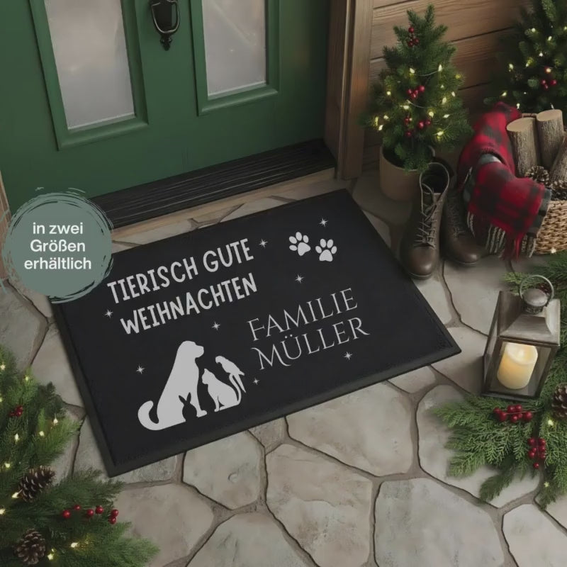 Personalisierte Weihnachtsfußmatte Haustiere | Tierisch gute Weihnachten Fußmatte mit Namen | Geschenk Familie Tiere | Türmatte Weihnachten
