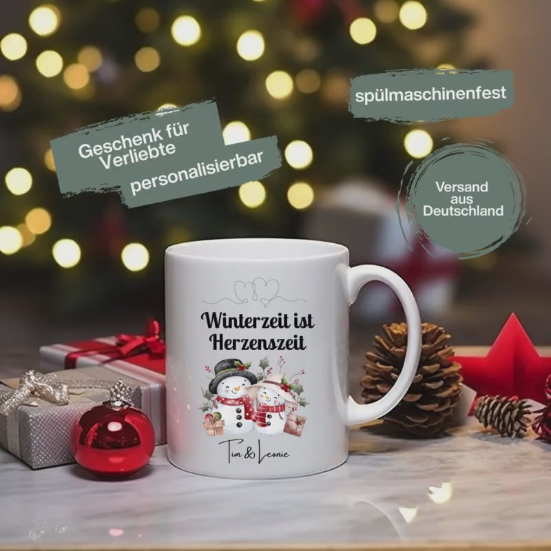 Personalisierte Tasse Winterzeit | Weihnachtstasse für Paare mit Namen | Geschenk Weihnachten Freund Freundin Partner | Schneemann Tasse