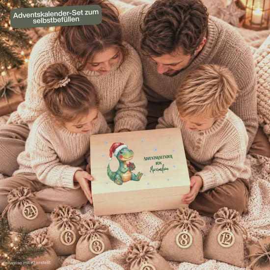 Adventskalender personalisiert mit Namen, Adventskalender zum Befüllen aus Holz, Adventskiste Kinder mit Beutel, Weihnachtskalender mit Name