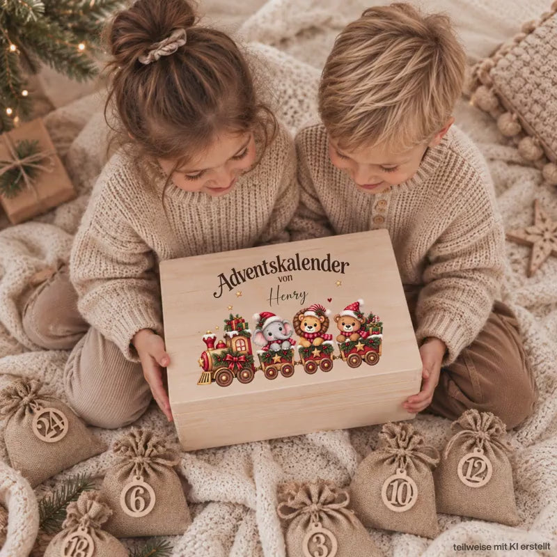 Adventskalender personalisiert mit Namen, Adventskalender zum Befüllen aus Holz, Adventskiste Kinder mit Beutel, Weihnachtskalender Zug