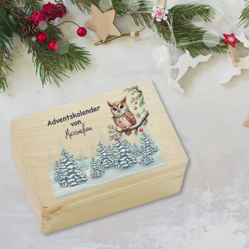 Adventskalender zum Befüllen Holz | Personalisierte Adventskiste mit Namen | Weihnachtskiste Geschenkidee | DIY Box ohne Inhalt mit Eule