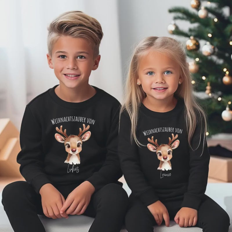 Weihnachtspullover Kinder personalisiert Rentier Name | Weihnachtsoutfit Baby T-Shirt & Body | Geschwisterlook Weihnachten Mädchen Jungen