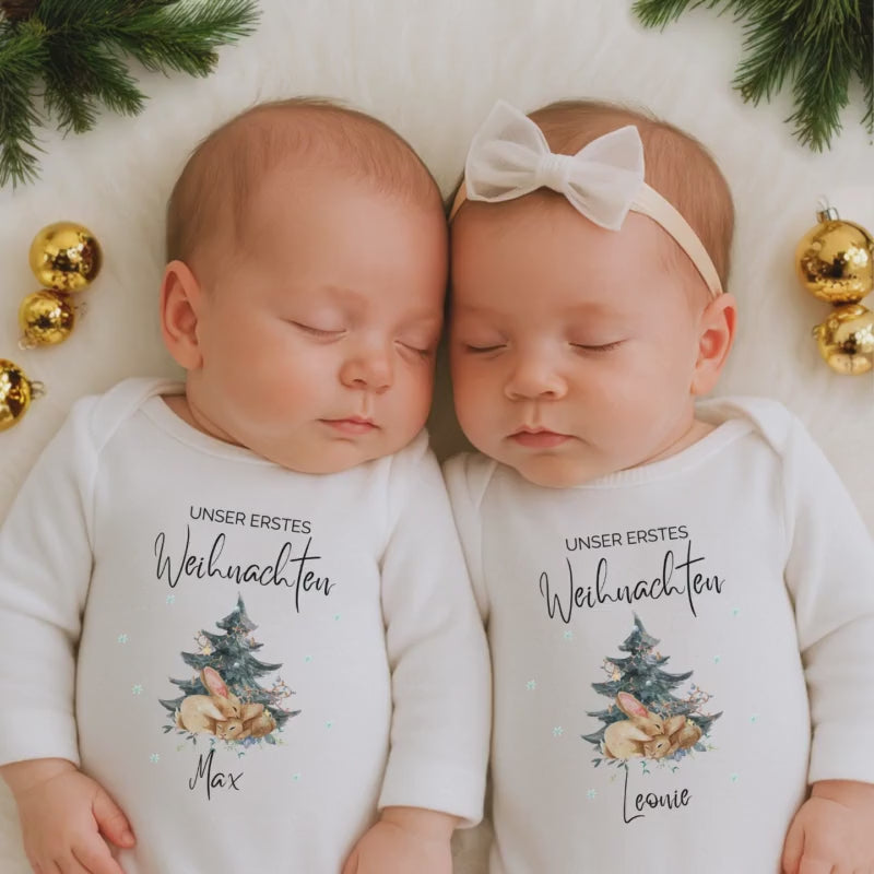 Zwillinge Body Weihnachten | Unser erstes Weihnachten Baby | Weihnachtsbody personalisiert | Langarm Body Geschenk Babys | Outfit Zwillinge