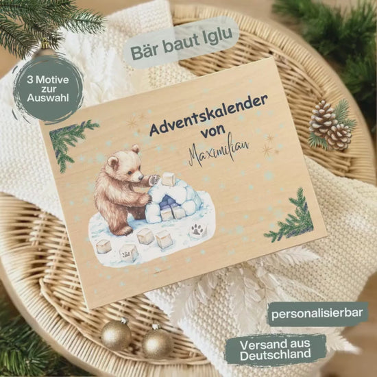 Adventskiste Holz personalisiert | DIY Adventskalender mit Namen | Weihnachtsgeschenkbox aus Holz | Weihnachtskiste ohne Inhalt Eisbär