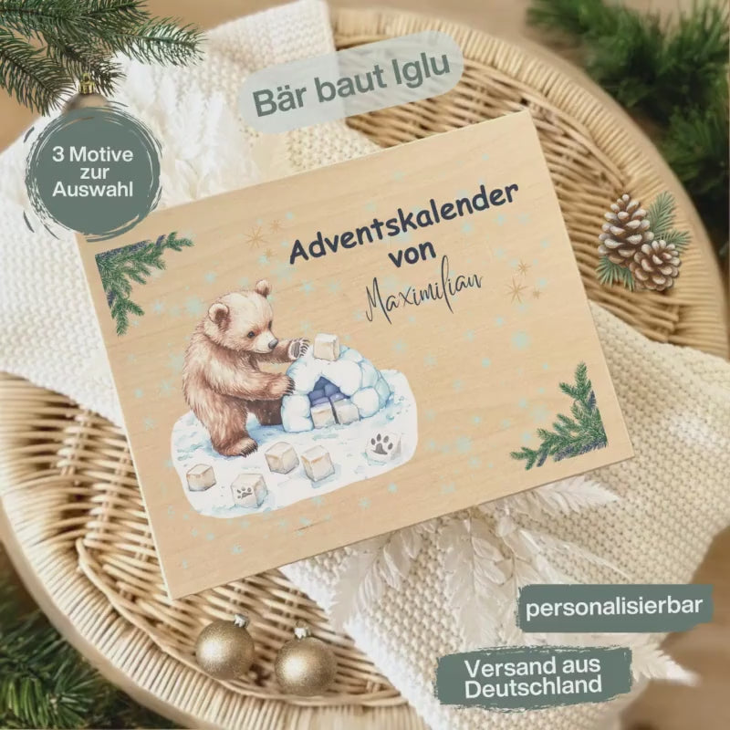 Adventskiste Holz personalisiert | DIY Adventskalender mit Namen | Weihnachtsgeschenkbox aus Holz | Weihnachtskiste ohne Inhalt Eisbär