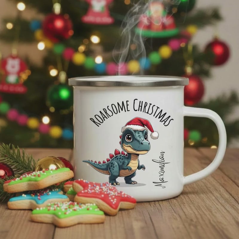 Personalisierte Emailletasse Kind Weihnachten | Dino-Tasse mit Namen für Kinder | Geschenk zu Weihnachten Kindertasse Emaille Junge Mädchen
